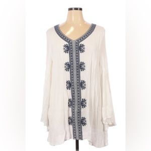 Joan Vass white mini dress with blue embroidered detail
